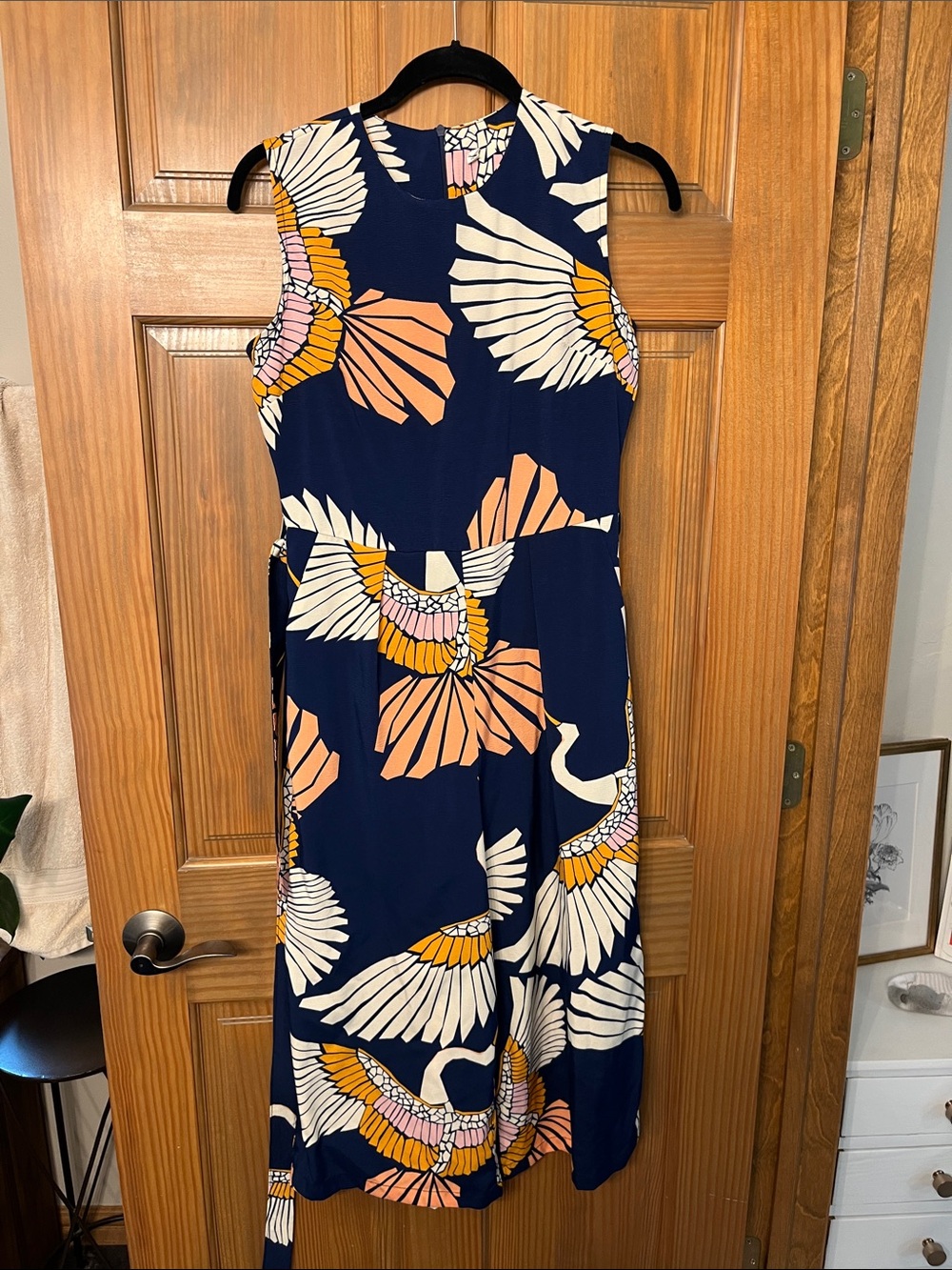 SHEIN Navy Maxi Dress with Peach, White & Yellow Crane Print